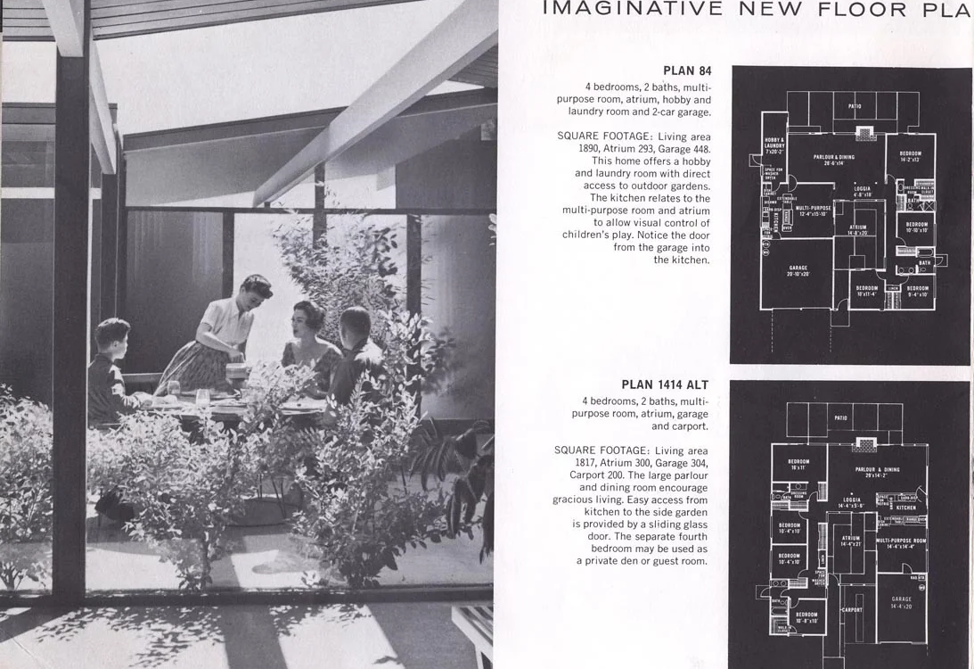 Vintage Eichler Homes sales brochure showing Plan 84 and Plan 1414 ALT floor layouts with original room dimensions and square footage