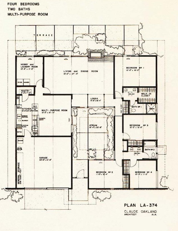 Eichler Plan LA-174 by Claude Oakland — 4 bedroom 2 bath atrium floor plan with multi-purpose room and terrace