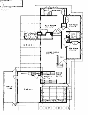 Eichler Plan 304 by Anshen and Allen — 3 bedroom 2 bath 1950s floor plan with terrace and service yard