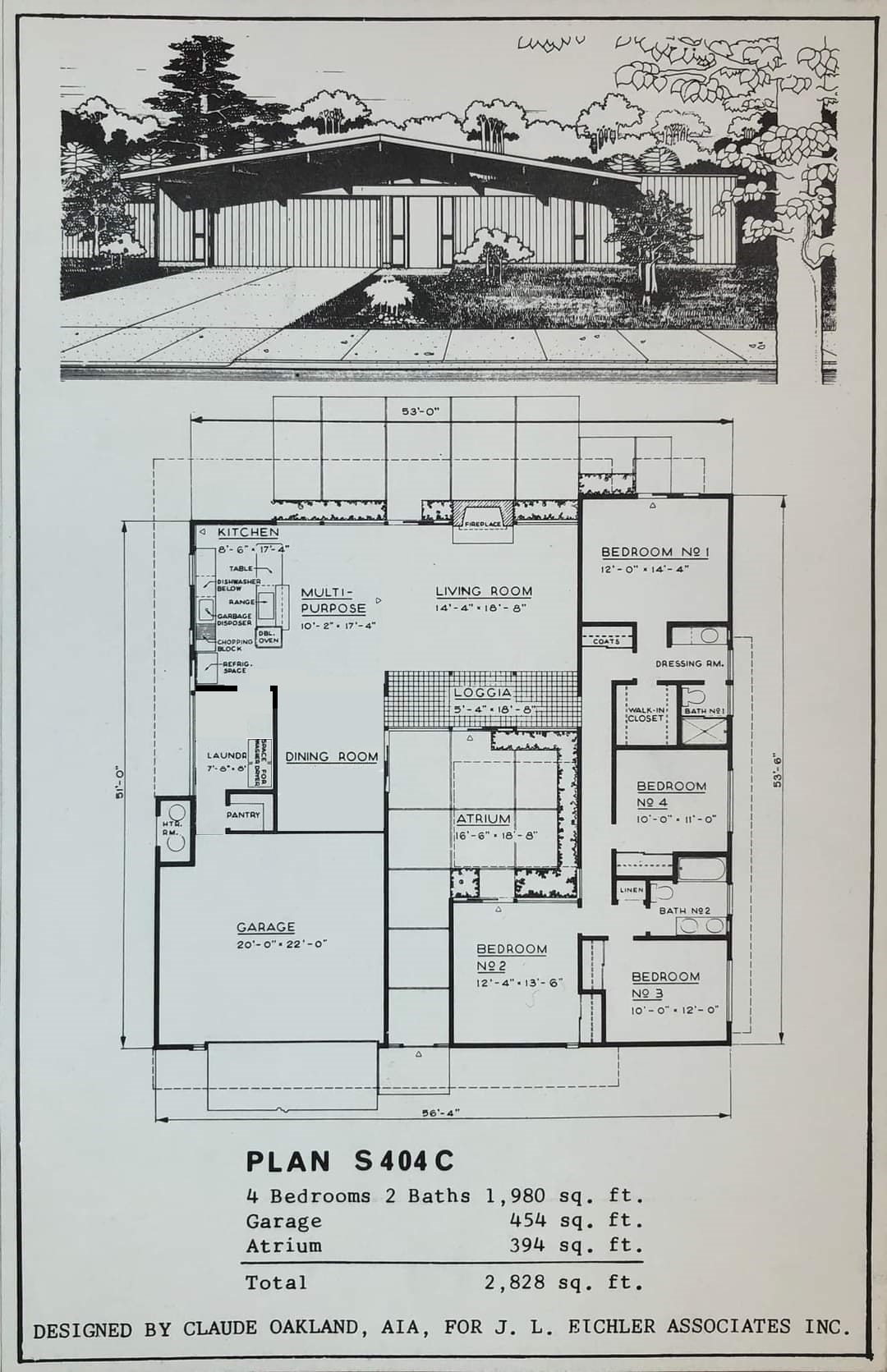 Eichler Plan S404C by Claude Oakland — 4 bedroom 2 bath 1980 sq ft atrium floor plan with elevation rendering